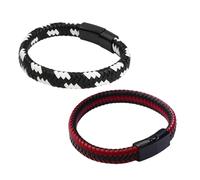 2 Pcs Men's Braided Leather Bracelet Set with Clasp and Strong Attachment Force, 8.1 in / 20.5 cm Retro Woven Leather Rope Bracelet for Men, Black and White, Black and Red