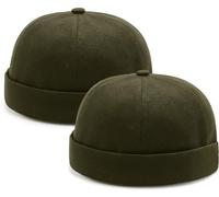 2 Pcs Mens Docker Cap Brimless Hat Skull Cap Worker Sailor Cap Rolled Cuff Retro Beanie Army Green