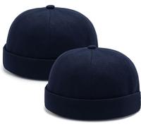 2 Pcs Mens Docker Cap Brimless Hat Skull Cap Worker Sailor Cap Rolled Cuff Retro Beanie Navy Blue