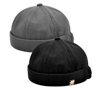 2 PCS Mens Docker Hat, Quality Cotton Adjustable Summer Brimless Docker Hat, Breathable Sweat-Wicking Unisex Docker Hat for Shopping Fishing Walking and Other Outdoor Activities, Black, Grey