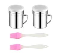 2 Pcs Mesh Sieve Jars with Handles and 2 Pcs Silicone Oil Brushes, High Temperature Resistant Baking Brush, Stainless Steel Dusting Jar, Seasoning Powder Jar, Kitchen Tools
