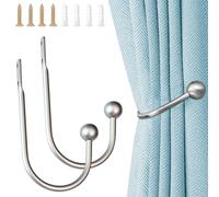 2 Pcs Metal Curtain Holdbacks, U-Shaped Hook Wall Mounted Window Curtain Holder with Screws - Drapery Holdbacks for Fixed or Hanging Items (2, Silver)