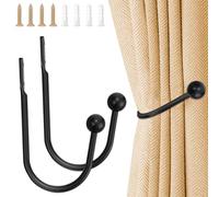 2 Pcs Metal Curtain Holdbacks, U-Shaped Hook Wall Mounted Window Curtain Holder with Screws - Drapery Holdbacks for Fixed or Hanging Items (2, Black)