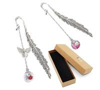 2 Pcs Metal Feather Bookmarks, VEGCOO Creative Vintage Bookmark with 3D Butterfly and Dry Flower Pendant, Classical Handmade Bookmarks for Women Men Boys Girls Students Readers (White + Pink)