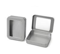 2 pcs Metal Tin Box Metal Tins With Lids Clear Top Tins Box Empty Storage Tins Case Rectangle Containers Can with Large Clear Window for Candles, Candies, Gifts, Balms and Treasures, Silver