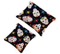 2 PCS Mexican Sugar Skulls with Flowers Pocket Cosmetic Bag, Self-Closing Shrapnel Makeup Pouch, Portable No Zipper Mini Travel Make Up Bag for Headphones Coin Lipstick Cosmetics Jewelry Organizer