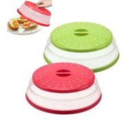 2 PCS Microwave Cover for Food, 10.5 Inch Collapsible Silicone Microwave Splatter Guard, Multi-Functional Vented Microwave Lid Cover & Basket Strainer for Fruit Vegetables, BPA-Free (Red+Green)