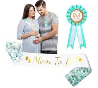 2 PCS Mom to Be Sash & Dad to Be Badge Pin, Sage Green Neutral Mommy Glitter Letters Satin Sash with Badge for Pregnant Mommy Gift Photo Props Party Decorations