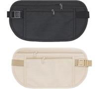 2 Pcs Money Belt for Travel - Hidden Anti-Theft Waist Pouch for Men & Women - Waterproof Concealed Travel Bumbag - Adjustable Running & Walking Belt Bag (Beige & Black)