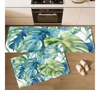 2 Pcs Monstera Leaves Kitchen Rugs and Mats, Anti Fatigue Watercolor Plants Kitchen Rug Sets,Comfort Floor Mats Washable Non Slip Kitchens Rug Runner for Office Sink Laundry (Blue-Green