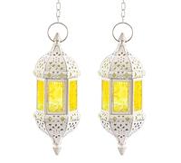 2 Pcs Moroccan Lantern Metalwork Hanging Tealight Candle Holder Metal Glass Indoor Outdoor Battery Operated LED Flameless with 13.8 inches Chain, White