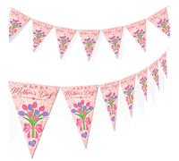 2 Pcs Mother's Day Bunting Banner Decorations Happy Mother's Day Flowers Themed Kit Pink Floral Mother's Day Flags for Mom Stylish Rustic Party Supply