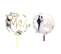 2 PCS Mr and Mrs Cake Topper Acrylic Bride and Groom Sign Topper Personalised Wedding Cake Toppers with Leaves Wreath for Wedding Engaged Anniversary Cake Decoration