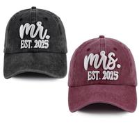 2 PCS Mr and Mrs Est 2025 Hats for Men Women, 3D Embroidered Adjustable Cotton Couples Baseball Cap, Black and Burgundy, One size