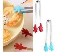 2 PCS Multifunctional Mini Food Clip with Skid-Proof Hand Shape Silicone Stainless Steel Food Tongs for Ice Clip Sweets Barbecue Salad (Blue + Red)