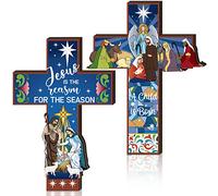 2 Pcs Nativity Crosses Wall Decor Religious Christmas Jesus Wooden Decor Jesus is The Reason for The Season Hanging Sign Rustic Christian Keepsake Religious Gift for Home Room Indoor Outdoor Holiday