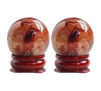 2 Pcs Natural Agate Crystal Balls, Stress Relief Hand Therapy Baoding Balls, Meditation Spheres with Red Wooden Bases, Smooth Polished Surface, Thoughtful Present for Relaxation