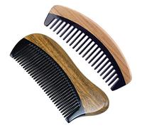 2 Pcs Natural Green Sandalwood Hair Comb - No Static Wooden Fine Tooth Black Horn Comb, 12Cmx5Cm & 150Mmx50Mmx8Mm
