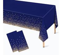 2 Pcs Navy Blue and Gold Plastic Tablecloth for Rectangle Table, 54 × 108 inches Disposable Gold Dot Dark Blue Party Table Covers for Anniversary, Wedding, Fine Dining, Graduation Party Decoration