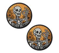 2 Pcs Never Better Positive Skeleton Skull Embroidered Applique Emblem Patch - Hook and Loop Funny Biker Meme Mental Health for Helmets Bags Jeans Backpacks Hat Clothing Jackets DIY