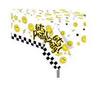 2 Pcs One Happy Dude Birthday Party Tablecloths 54 x 87 Inch Smile Face Plastic Table Cover - Orange Black White Design with Lightning Bolts & Stars for 1st Birthday, Baby Shower, Themed Celebrations