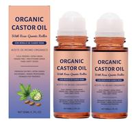 2 Pcs Organic Castor Oil with Rose Quartz Roller,Organic Castor Oil Roll On with Rose Quartz Roller,100% Pure Cold-Pressed, Hexane-Free,Amber Glass Bottle for Skin 1.7oz