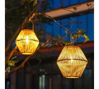 2 Pcs Outdoor Solar Lanterns Warm White Bohemian Rattan,waterproof Solar Lights For Hanging Or Standing Diamond Style