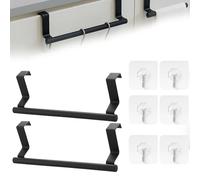 2 Pcs Over Door Towel Rail with 6 Clear Hooks, Black Kitchen Towel Holder, No Drill Towel Rack for Kitchen, Bathroom, RV, Over The Door Towel Holder for Hanging Towels, Cleaning Cloths, Decorations