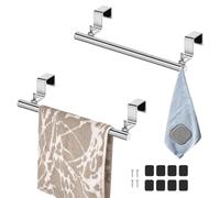 2 Pcs Over The Door Towel Rack, 2 Hooks, Over Cabinet Towel Bar, Stainless Steel Kitchen Dish Towel Holder for Bathroom Cupboard, 8 EVA Foam Protective Mats and 2 Nails, 2 Pack (Silver)