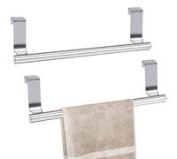 2 Pcs Over The Door Towel Rack, 2 Hooks, Over Cabinet Towel Bar, Stainless Steel Kitchen Dish Towel Holder for Bathroom Cupboard, 8 EVA Foam Protective Mats and 2 Nails, 2 Pack (Silver)