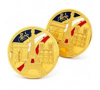 2 Pcs Paris Souvenir Pins Arc de Triomphe Eiffel Tower Notre Dame de Paris Design 1.4 inch Electroplated Gold Plated Alloy Round Button Badge Brooch France Travel Souvenir