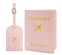 2 PCS Passport Cover Luggage Tag Set, Passport Holder and Travel Suitcase Label PU Leather Protective Cover with Name ID Card Travel Accessories for suitcases, Handbags, Backpacks (Pink)
