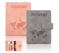2 Pcs Passport Holder, Passport Cover Travel Wallet Organiser, Passport Case with RFID Buckle Closure PU Leather Document Holder for Men Women Family Gifts Essential Travel Accessories(Grey & Pink)