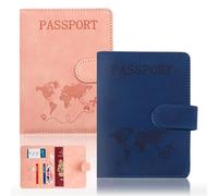 2 Pcs Passport Holder, Passport Cover Travel Wallet Organiser, Passport Case with RFID Buckle Closure PU Leather Document Holder for Men Women Family Gifts Essential Travel Accessories (Pink & Blue)