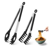 2 PCS Pasta Tong Spaghetti Tongs, 9-Inch & 12-Inch Heat Resistant Silicone Pasta Tongs Spaghetti Server with Teeth Silicone Tong for Serving Food, Cooking, Salad, Spaghetti Noodle (9"+12"-Black)
