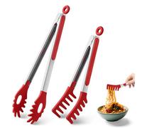 2 PCS Pasta Tong Spaghetti Tongs, 9-Inch & 12-Inch Heat Resistant Silicone Pasta Tongs Spaghetti Server with Teeth Silicone Tong for Serving Food, Cooking, Salad, Spaghetti Noodle (9"+12"-Red)
