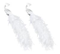 2 Pcs Peacock Christmas Ornaments, 19 Inch Blue Peacock Bird with Feather Tail Clip on Bird Ornaments, Glittered Phoenix Christmas Ornament, Faux Feathered Peacock Birds for Christmas Tree(White)