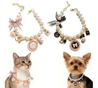 2 Pcs Pearl Necklace For Dogs & Cats - Princess Style Pet Collar With Pink Bow & Crown Charm, Adjustable Pet Jewelry For Birthday,Photo Outfits