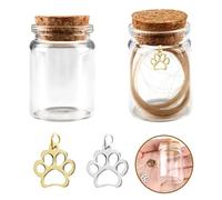 2 Pcs Pet Hair Memorial Bottle with 2 Pcs Pawprint Charm, Pet Fur Preserve Precious Memories Glass Keepsake Bottle with Cork, Dog Paw Pendant Vial for Ashes Or Hair Dog Or Cat Keepsake Pet Loss Gift