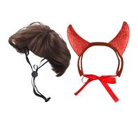 2 Pcs Pet Wig and Headband Set, Small Dog Wig, Natural Color Bob Wig with Bangs, Red Ox Horn Headband for Cats, Adjustable Elastic Band, Funny Pet Halloween Costume Accessories