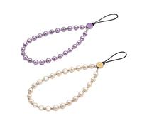 2 Pcs Phone Charm Beaded Strap Cute Cell Phone Wrist Straps String Accessories Hand Aesthetic Lanyard Wristlet Chain for iPhone 17 Pro 16 Camera AirPods Bags Keychains Women Girls Pearl Gold and Puple