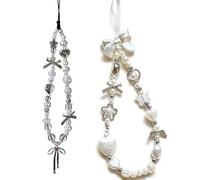 2 Pcs Phone Charm Strap Hand for iPhone Wrist Strap Camera Lanyard Pearl Beaded Cute Chain String Accessories Universal for iPhone 17 Pro 16 15 Samsung Women Girls Keychain Pearl Heart and Butterfly