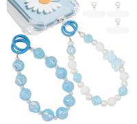 2 Pcs Phone Charm Wrist Strap with Tether Tab, Double Anti Lost Cute Beaded Wrist Lanyard, Detachable Little Bear Phone Charms for Bag, Key Chains, Camera Decor(Blue Irregular Bead)