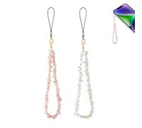 2 Pcs Phone Strap Wrist, Natural Crystal Beaded Charms Lanyard, Crystal Wrist Strap, Anti-Lost Handmade Phone Chain Keychain for Cellphone, Wallet, Camera, iPad (Pink&White)