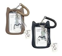 2 PCS Photocard Holder Keychain, Clear Silicone ID Card Holder with Retractable Spring Lanyard, Cat-Ear Frame, Cat Charm for Students, Staff and Teacher (Black, Brown)