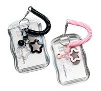 2 PCS Photocard Holder Keychain, Clear Silicone ID Card Holder with Retractable Spring Lanyard, Star and Bell Charm for Students, Staff and Teacher (Black, Pink)