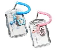2 PCS Photocard Holder Keychain, Clear Silicone ID Card Holder with Retractable Spring Lanyard, Star and Bell Charm for Students, Staff and Teacher (Blue, Pink)