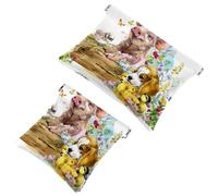 2 PCS Pig Puppy Dog Fox Ducklings Chick Watercolor Animal Pocket Cosmetic Bag, Self-Closing Shrapnel Makeup Pouch, Portable Mini Travel Make Up Bag for Coin Lipstick Earphones Jewelry Organizer