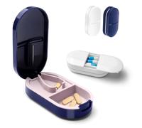 2 PCS Pill Cutter Travel, Portable Pill Splitter, 2-in-1 Small Tablet Crusher, Pill Cutting Box with Blade Storage Compartment, Medicine Cutter Storage for Vitamins, Tablets (Blue,White)