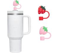 2 Pcs Pink and Red Strawberries Straw Covers Cap for Stanley 14oz&20oz&30oz&40oz Tumbler, 8mm Food Grade Silicone Cute Straw Topper, Reusable Drinking Straws